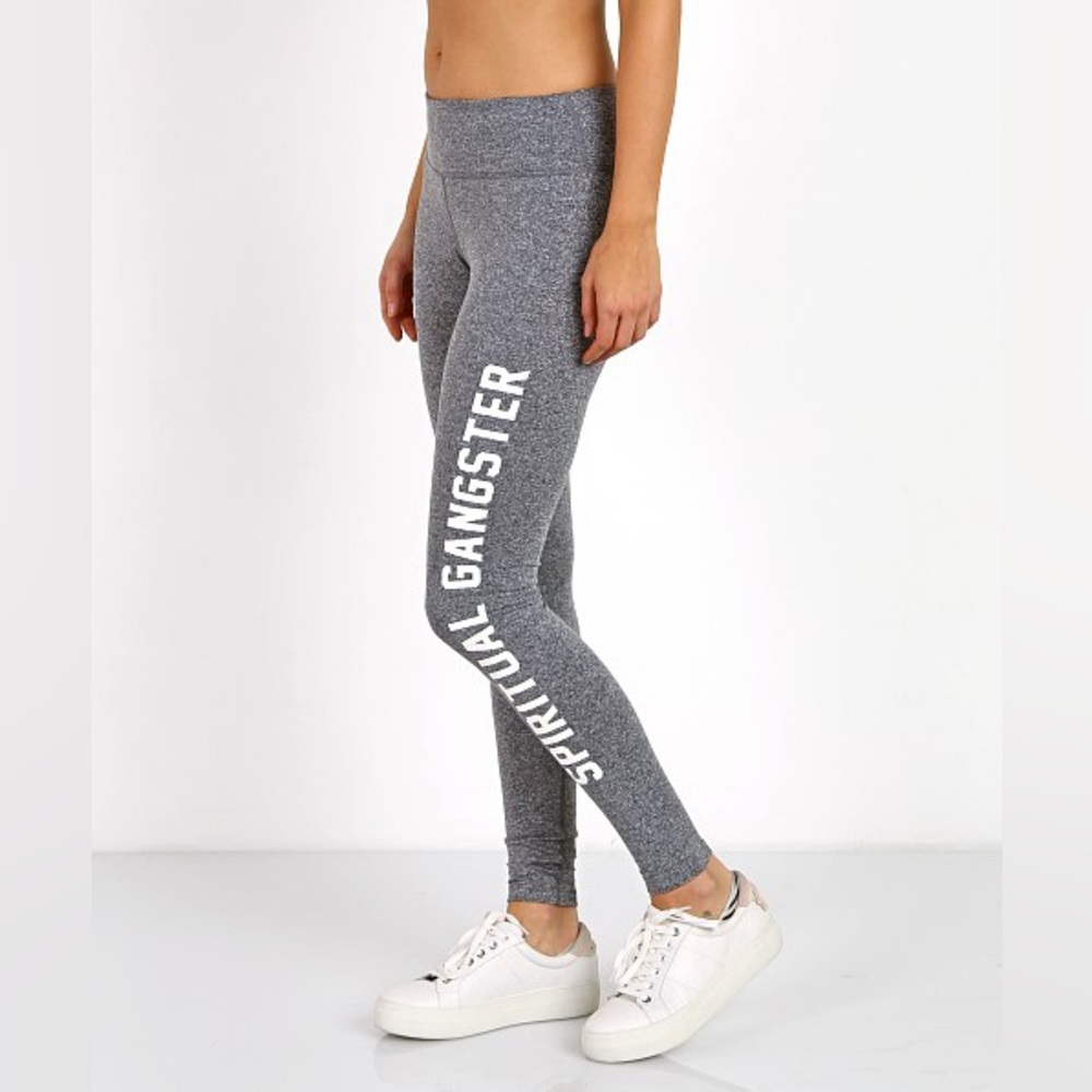 Spiritual Gangster Collegiate Practice Leggings Heather Gray White Leg Logo Sz S
